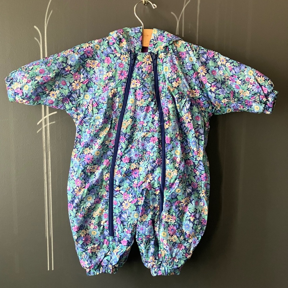 Vintage Baby One Piece Floral Hooded Double Zipper